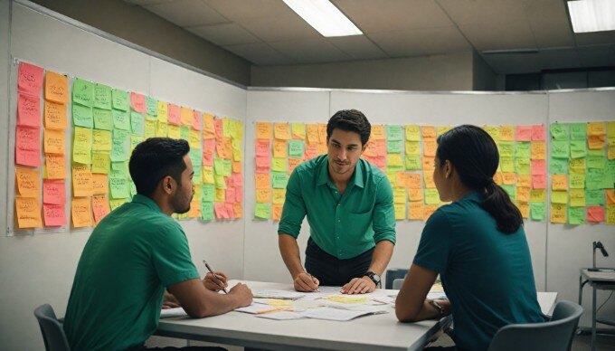 A team of office workers brainstorming ideas on a whiteboard in a contemporary workspace, showcasing teamwork and creativity.