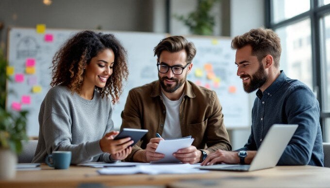 A diverse team collaborating on AI technology in a modern workspace.