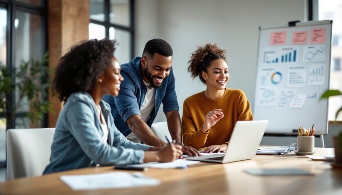 A team collaborating on a marketing strategy in a bright conference room.