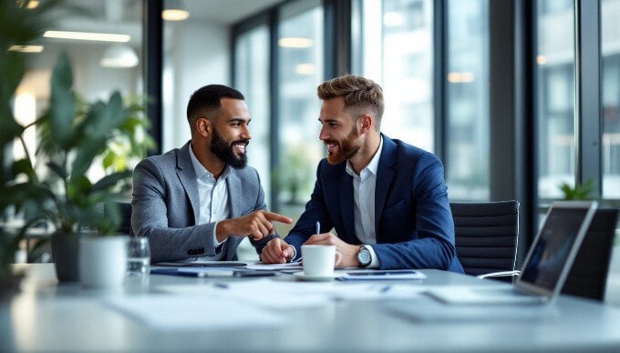 A team collaborating on content strategies using AI tools in a modern office environment.