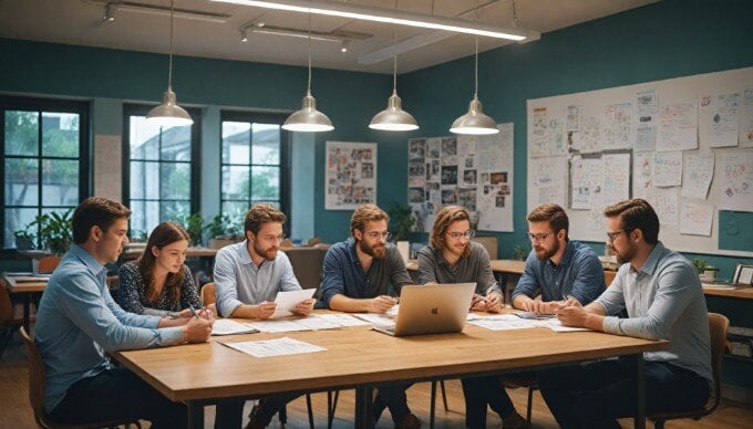 A team collaborating on a content audit strategy in a creative workspace.