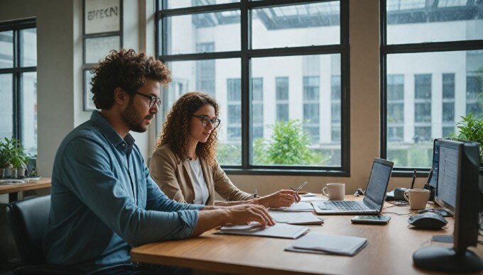 A team of two professionals collaborating on a content management project at a modern office desk, with laptops open and documents scattered around.