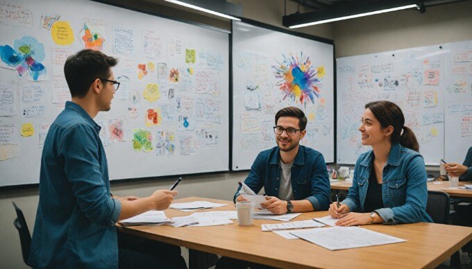 A team collaborating on creating display advertisements in a modern office environment.