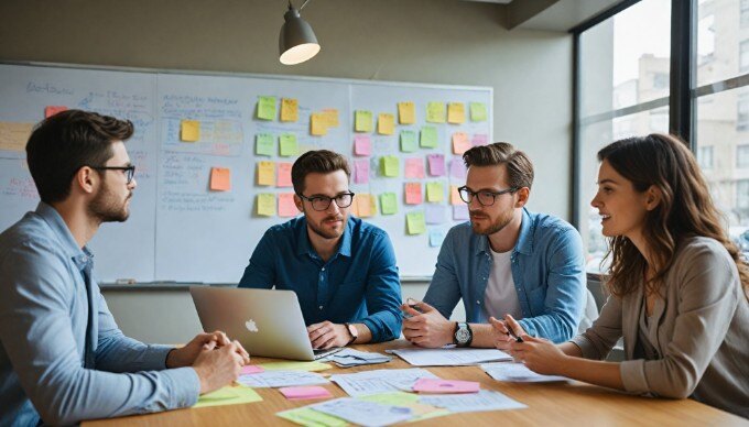 A diverse team collaborating on a drip marketing strategy in a modern workspace.