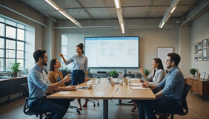 A diverse team collaborating on email marketing strategies in a stylish conference room.