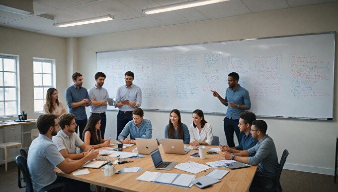 A team collaborating on a Facebook remarketing strategy in a modern workspace.