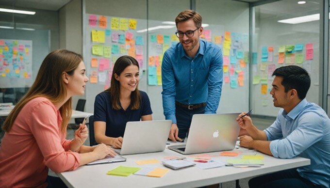 A diverse team collaborating on keyword strategies in a bright meeting room.