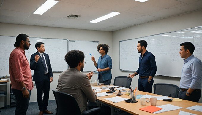 A diverse team of employees working together in a contemporary office, sharing ideas on a whiteboard with colorful sticky notes.