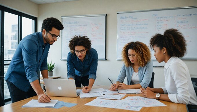 A diverse team discussing ad performance metrics in a collaborative workspace.