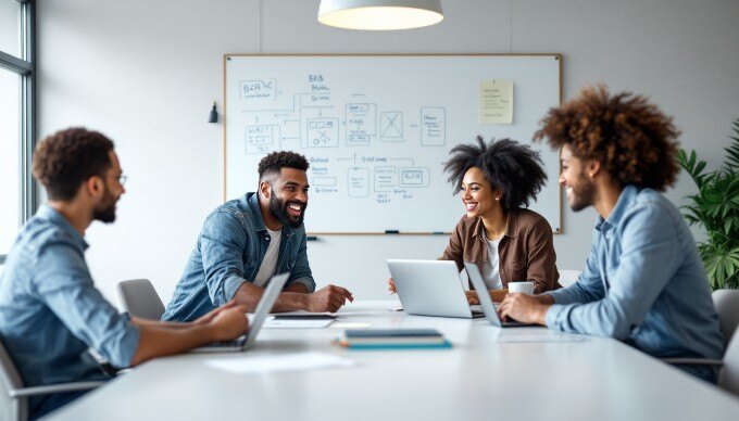 A team discussing B2B website strategies in a collaborative workspace.