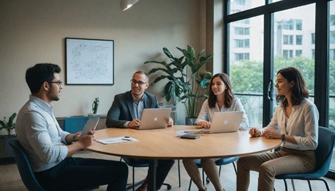 A diverse team discussing the implementation of chatbot AI technology in a meeting room, with a laptop open on the table.