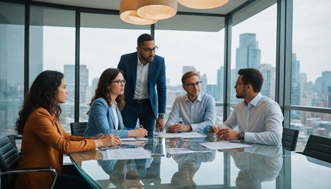 A business team discussing Google Ads strategies in a bright conference room.