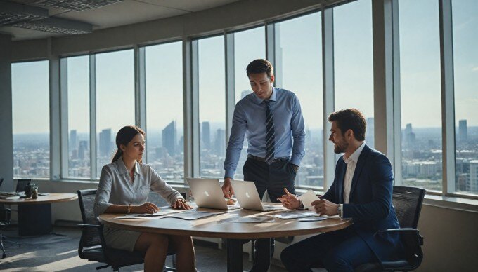 A team discussing mobile commerce strategies in a professional office setting.