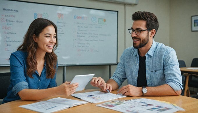 A collaborative team discussing product features and benefits in a casual meeting room.