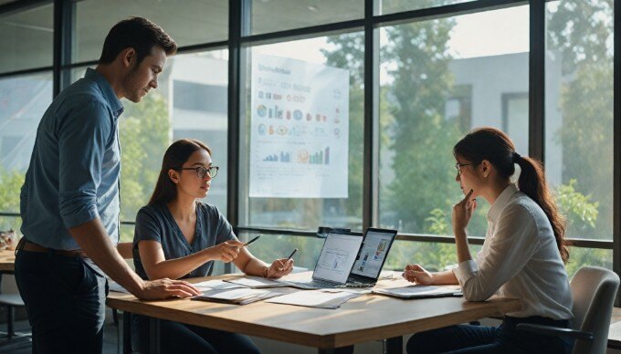 A collaborative workspace where team members discuss app user engagement strategies over a laptop.