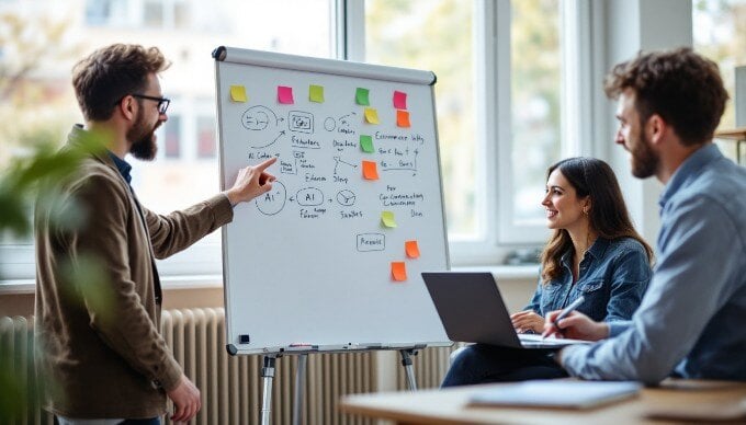 A collaborative workspace where team members discuss ecommerce AI tools, with laptops and a whiteboard in view.