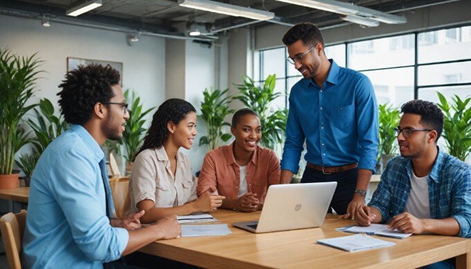 A team of employees discussing ideas in a bright office environment, showcasing diversity and teamwork.