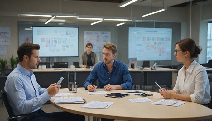 A group of professionals discussing predictive analytics data in a collaborative workspace, highlighting teamwork.