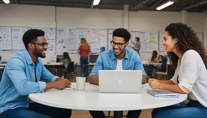 A diverse team discussing retargeting ad strategies in a collaborative workspace.