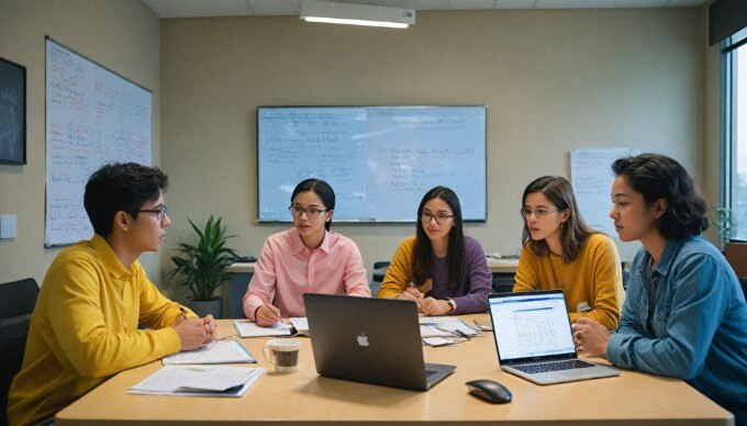 A team of professionals in a meeting room, showcasing diversity and teamwork with a focus on colorful attire.