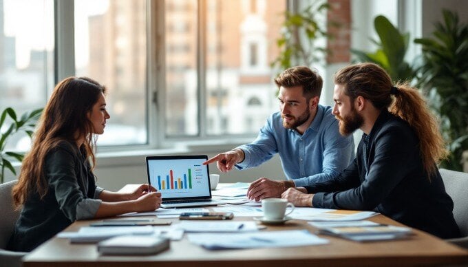 A team meeting in a bright office discussing NLP and sentiment analysis strategies, emphasizing collaboration and technology.