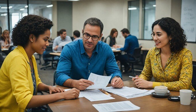 A team of diverse employees discussing strategies in a contemporary office environment.