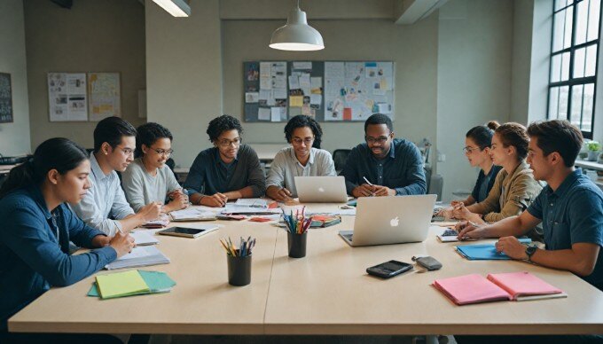 A team of diverse individuals working together at a conference table, with colorful notebooks and laptops, showcasing teamwork and innovation.