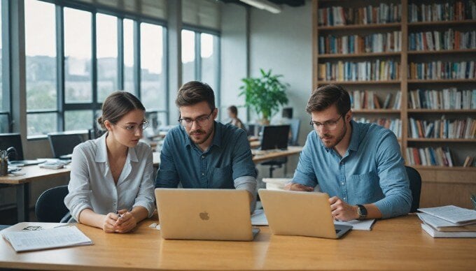 A professional setting with two individuals collaborating on a technical writing project, analyzing documents and discussing ideas at a sleek modern desk with a laptop and notepads.