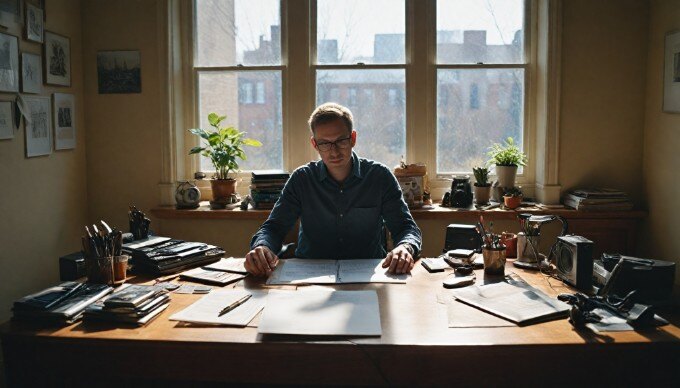 A focused individual testing a website's responsiveness on multiple devices in a modern office.