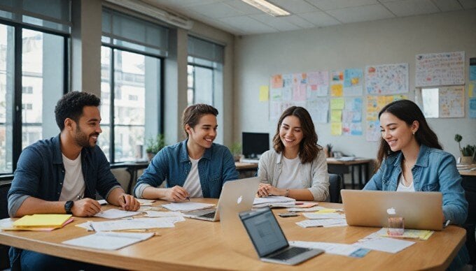 A diverse group of people engaging in a collaborative brainstorming session in a modern office.