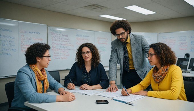 A vibrant team meeting in a contemporary office, showcasing diversity and teamwork.