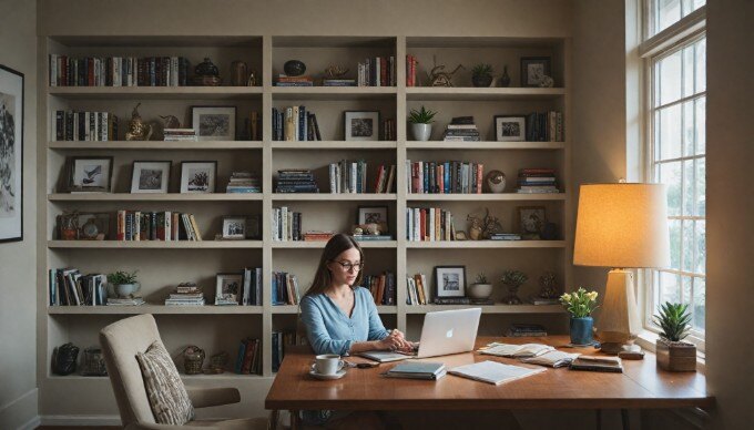 A professional reviewing video performance analytics on a computer in a stylish workspace.