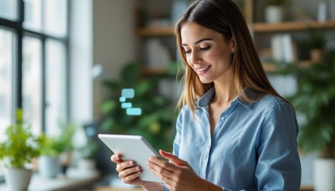 A virtual assistant interface being used by a professional in an office setting, demonstrating the integration of conversational AI technology.