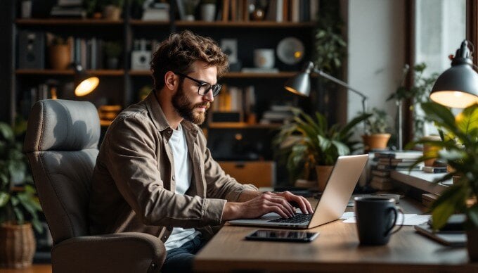 A web developer coding dynamic pages on a laptop in a cozy workspace.