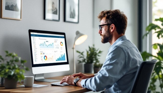 A person analyzing website analytics data on a computer screen in an office environment.