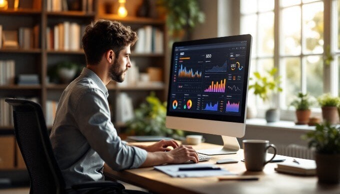 An individual working on a desktop computer, optimizing website content for SEO with charts and graphs visible on the screen.