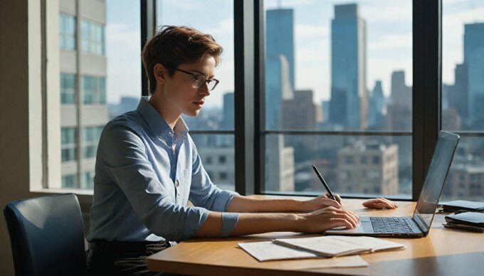 A focused professional analyzing website performance metrics on a laptop in a modern office setting.