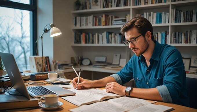 A professional setting with a person analyzing website performance on a computer, surrounded by charts and graphs.