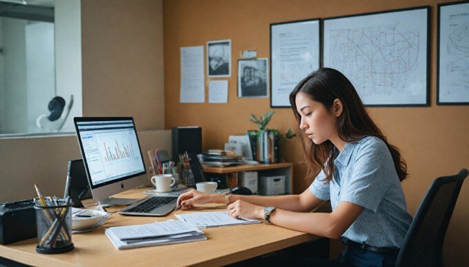 A person analyzing website performance metrics on a laptop in a modern office setting.