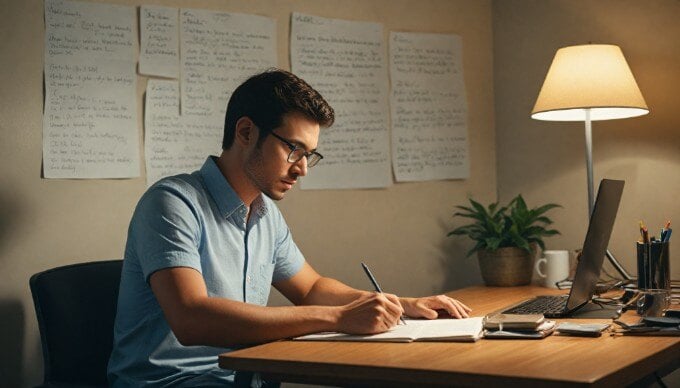 A focused writer drafting a blog post in a cozy workspace with a laptop and a notepad.