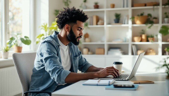 A writer using AI tools on a laptop at a bright desk.