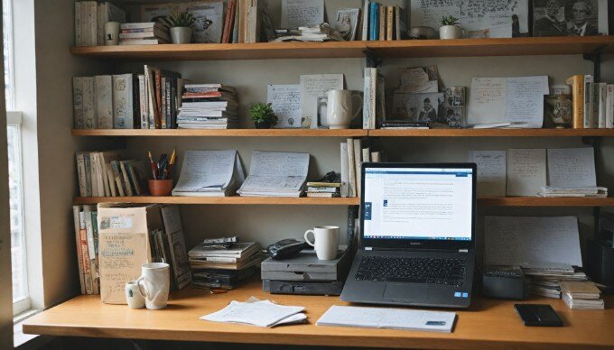 A professional setting showing a person writing alt text on a computer, with a notebook and coffee cup on the desk.