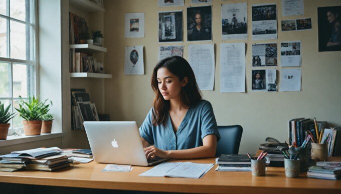 A woman writing engaging content on her laptop in a cozy workspace with inspirational decor.