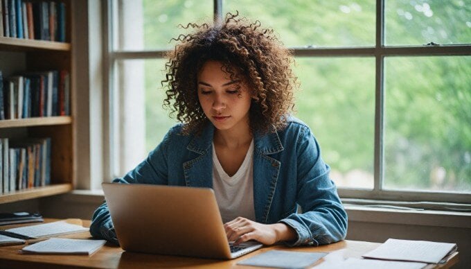 A close-up of a person writing an engaging product description on a laptop in a bright workspace.