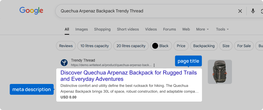 Google search result showing a product page with the page title “Discover Quechua Arpenaz Backpack for Rugged Trails and Everyday Adventures” and a meta description highlighted for clarity.